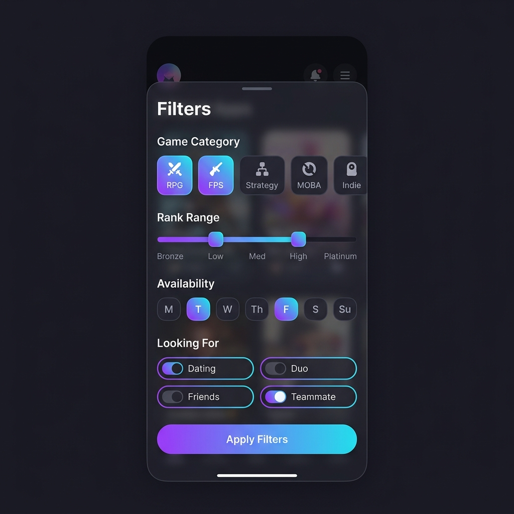 The nextduo filter drawer with rank range, role, and availability options