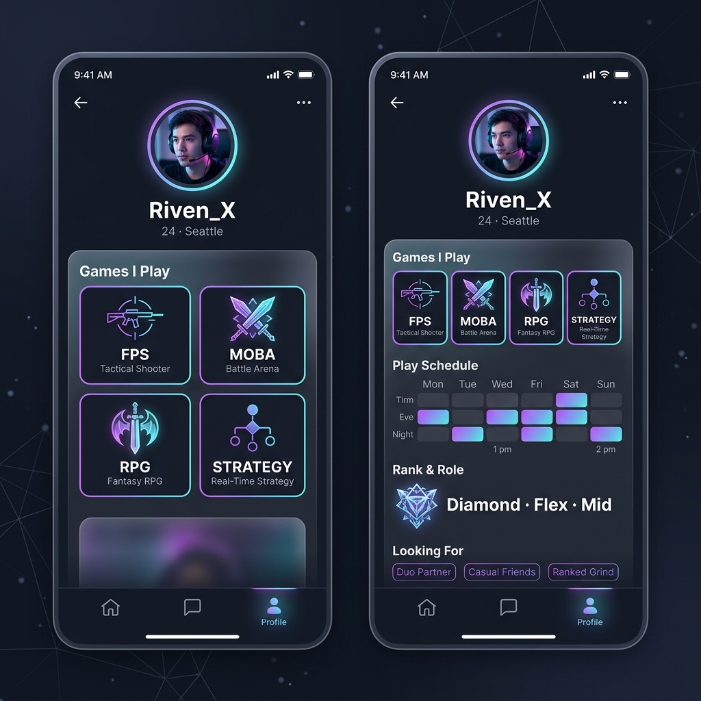 A nextduo game-aware profile showing games, rank, schedule, and match intent