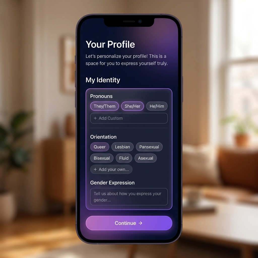 nextduo inclusive identity options including pronouns and orientation chip selectors