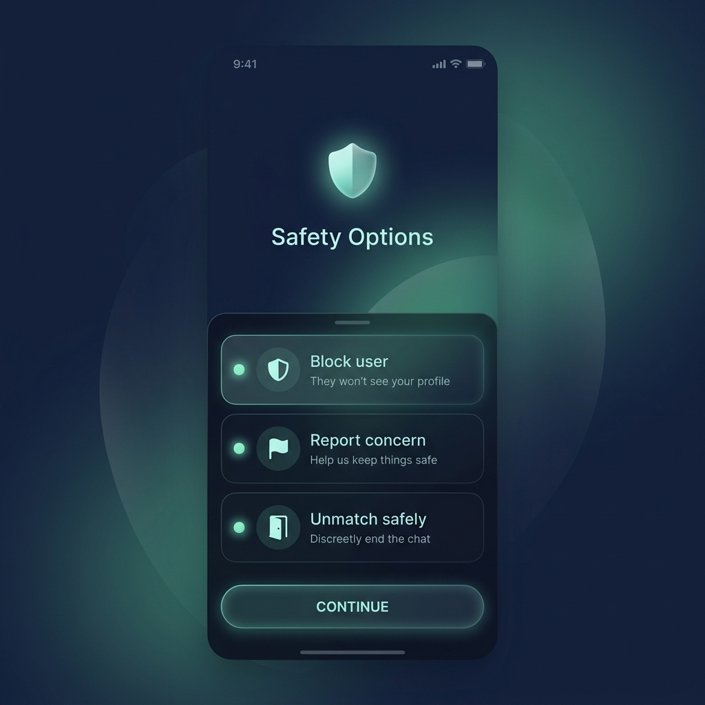 nextduo safety panel with block, report, and unmatch options in a calm teal design
